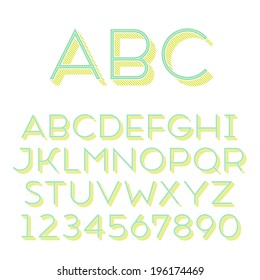 Handmade sans-serif font. Thin 3d-extruded type. Main glyph, inline shape and 3d extruded part placed in separate layers of vector file.