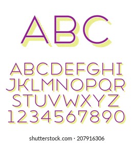 Handmade sans-serif font. Thin 3d-extruded type. Main glyph and 3d extruded part placed in separate layers of vector file.