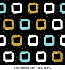 Handmade seamless background. Gold, blue, white square. Abstract square pattern for christmas card, new year invitation, wedding album, book, scrapbook, textile fabric, garment, t-shirt. Gold texture
