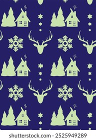 Handmade Seamless Christmas Pattern with Reindeer, Hearts, Christmas Trees and Snowflakes