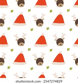 Handmade seamless christmas pattern with reindeer and christmas hat. Wrapping paper concept. Banner. Naive vector illustration, childs drawing