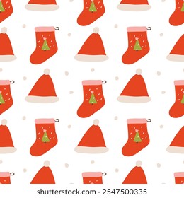 Handmade seamless christmas pattern with christmas socks and hat. Wrapping paper concept. Banner. Naive vector illustration, childs drawing