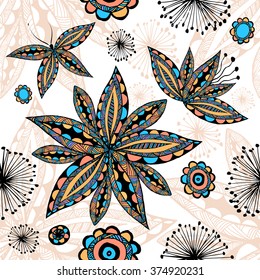 Handmade seamless decorative pattern flowers and butterflies. Vector