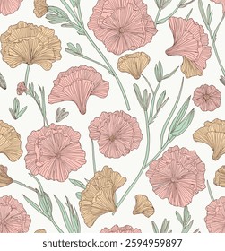 Handmade Seamless floral pattern with pink poppy and yellow ginkgo leaves, for gift wrap and wallpaper