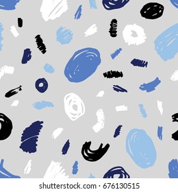 Handmade seamless pattern with abstract brush drawn. Vector Illustration in modern color palette. Hipsters ornament. Simple repeating texture. Background for greeting cards, textile print and more.
