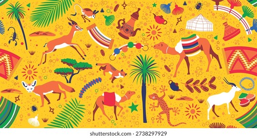 A handmade seamless pattern with African desert animals: antelope, camel, fennec fox, lizard, traditional carpets, dishes, tent with palm trees and leaves. For create childish wallpaper, packaging, and fashion.