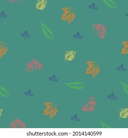 Handmade seamless pattern with autumn leaves on a dark turquoise background. Vector seamless pattern. Printing on fabric, wallpaper, packaging, stylization under a stamp or an imprint of summer leaves