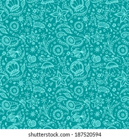 Handmade seamless pattern or background with abstract marine world in blue cyan colors