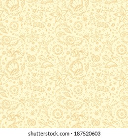 Handmade seamless pattern or background with abstract marine world in beige yellow colors