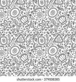 Handmade seamless pattern or background with abstract protozoa or abstract plankton in black white for coloring page or relax coloring book