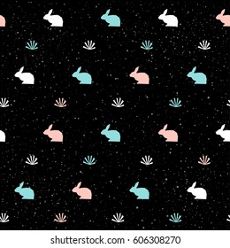 Handmade seamless pattern background. Abstract blue, white and pink rabbit pattern for card, invitation, wallpaper, album, scrapbook, holiday wrapping paper, textile fabric, garment, t-shirt etc