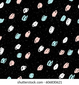 Handmade seamless pattern background. Abstract blue, white and pink element on black  pattern for card, invitation, wallpaper, scrapbook, holiday wrapping paper, textile fabric, garment, t-shirt etc