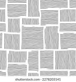 Handmade seamless pattern, black chaotic stripes on white background, vector design