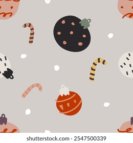 Handmade seamless pattern with christmas elements. Wrapping paper concept. Banner. Naive vector illustration, childs drawing