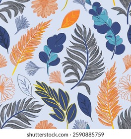Handmade Seamless pattern of colorful tropical leaves and flowers, for gift wrap and wallpaper
