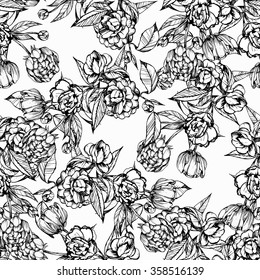 handmade ,seamless pattern, coloring books for children and adults,black and white,  ink,  peony, camellia, leaves, flowers, buds,pen capillary.