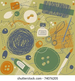 Handmade seamless pattern. Funny drawing ornament about handmading. Vector colored seamlss pattern.