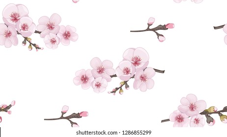 Handmade Seamless pattern in the Japanese style. Spring pattern of sakura flowers. Magenta on white background. Design element for textiles, wallpaper, packaging, printing.