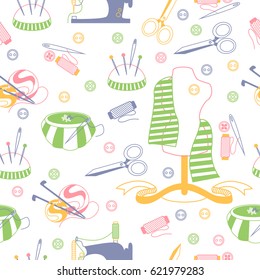 Handmade seamless pattern with noisy, pins, needle, fabric, creative, knitting, knitting, sewing, embroidery, thread and buttons. Needlework background. 