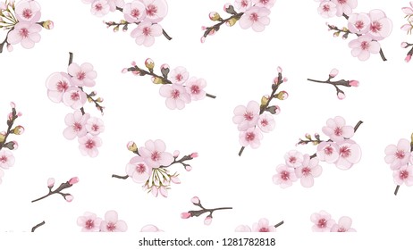Handmade Seamless pattern in oriental style. Flying sakura flowers. Magenta on white fond. The idea of fabric, invitations, packaging, cards.
