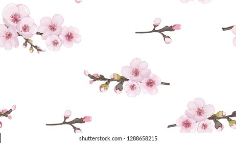 Handmade Seamless pattern in oriental style. Spring pattern of sakura flowers. Theme design fabric, invitations, packaging, cards. Pink on white fond.