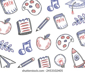 Handmade seamless pattern with school supplies drawing. Art symbol illustration.