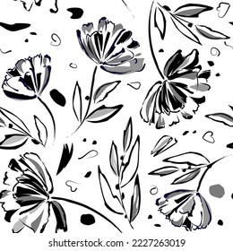 Handmade seamless pattern summer floral background. Botanical background from abstract flowers. Sketchy drawing of black outlines and gray-black strokes.  wallpaper, cover, bed linen, textiles, fabric