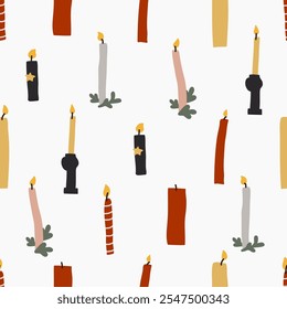 Handmade seamless pattern of tallow candles. Wrapping paper concept. Naive vector illustration, childs drawing. vintage candles backdrop for relaxing, aromatherapy, handcrafts, candle making