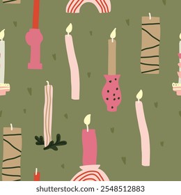 Handmade seamless pattern of tallow candles. Wrapping paper concept. Naive vector illustration, childs drawing. vintage candles backdrop for relaxing, aromatherapy, handcrafts, candle making