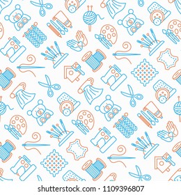 Handmade seamless pattern with thin line icons: sewing machine, knitting, needlework, drawing, embroidery, scissors, threads. Modern vector illustration, background for print media about workshop.