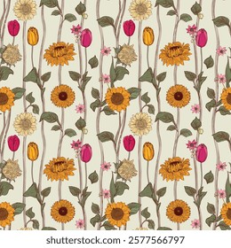 Handmade seamless patterns blending exotic botanical prints,sun flowers, for elegant décor.
