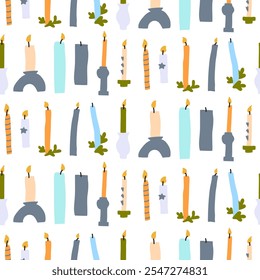 Handmade seamless tallow candles pattern. Wrapping paper concept. Banner. Naive vector illustration, childs drawing. aromatic vintage candles backdrop for relaxing, aromatherapy, handcrafts