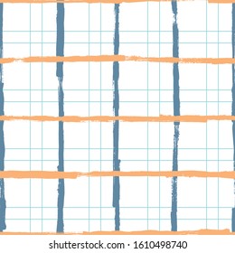 Handmade seamless tartan pattern. Abstract brush drawn. Vector criss-crossed bands in modern color palette. Hipsters ornament. Repeating memphis texture. Background for textile print, interior design.