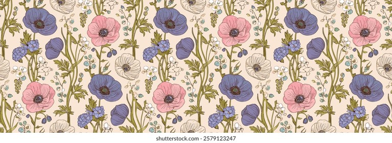 Handmade seamless tropical floral patterns with exotic botanical details, baroque elements, and climbing florals.