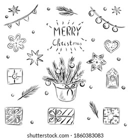 Handmade set of Christmas drawings. Vector illustration for the winter holidays. Collection of doodles.