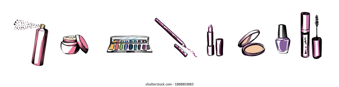 A hand-made set of cosmetics. Nail polish, mascara, lipstick, eye shadow, face cream, powder, lipstick, hairspray, lip pencil. Vector illustration on a white isolated background.