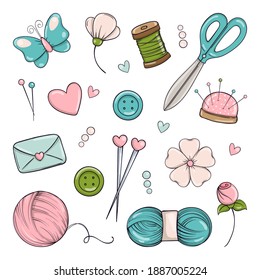 Handmade. Set of elements for knitting, sewing and needlework in doodle style.