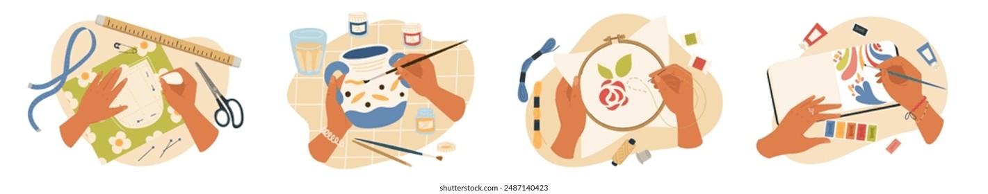 Handmade set with human hands creating crafts work