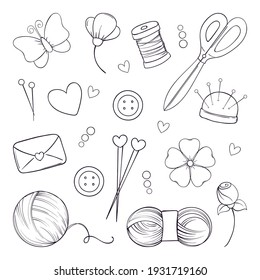 Handmade. Set of objects for knitting, sewing and needlework in doodle style