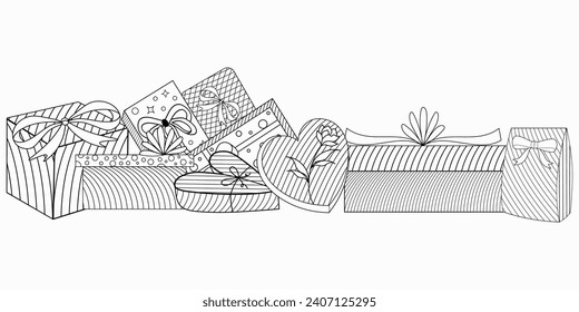 Handmade set: several gifts are stacked next to each other in a line. Festive boxes with ribbon, decorated with a handmade pattern. Doodle, vector.