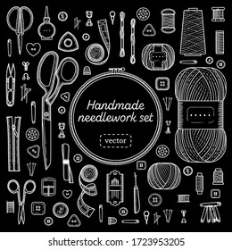 Handmade, sewing, embroidery, needlework. Vector set. Drawings on a black background.