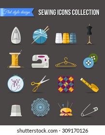 Handmade and sewing icons set. Flat style design with long shadows. Vector illustration.