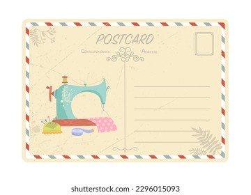 Handmade and sewing machine postcard. Mail, distance communication and interaction, business correspondence. Template, layout and mock up. Cartoon flat vector illustration