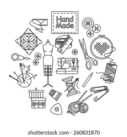 Handmade and sewing outline icons set. Vector illustration.