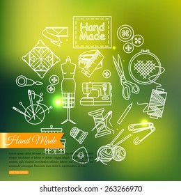 Handmade and sewing outline icons set over blurred shining background with place for text. Vector illustration.