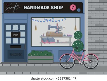 Fachada de tienda hecha a mano. Costando artículos. Agradable edificio. Vista de tienda