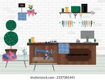 Handmade shop inside view, sewing items. Sewing machine