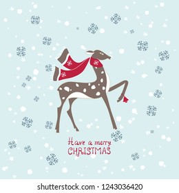 Hand-made simple drawing of a deer and snowflakes. Have a Merry Christmas, hand-lettering.Winter Christmas background or greeting card.