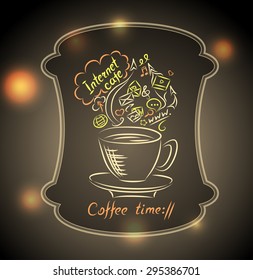 Handmade Sketch Concept of coffee time  on town light background with cup inscription Internet cafe and symbol.