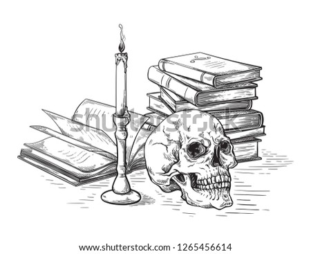 handmade sketch death concept human skull on old books near candle on dark background vector illustration